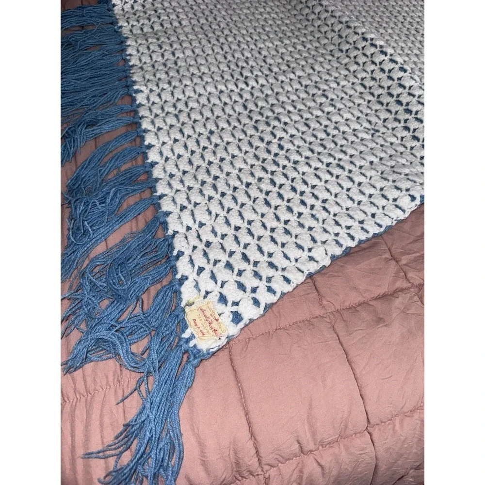 Handmade Crocheted Afghan Blanket Blue & White With Tassels 57x55 Reversible